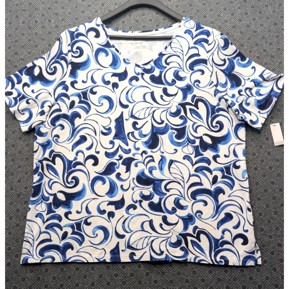 Talbots Plus Womens The Talbots Tee 2X Blue White Swirl Print Short Sleeve Top